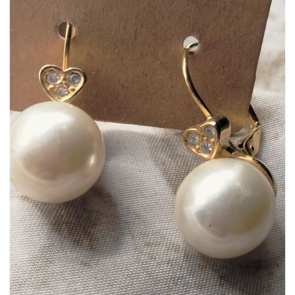 Faux Pearl Crystal Heart Drop Pierced Earrings Gold Tone Wedding Valentine - Picture 2 of 5